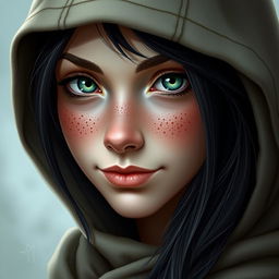 A portrait of a half-elf woman with soft features and a charming presence