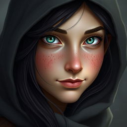 A portrait of a half-elf woman with soft features and a charming presence