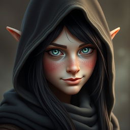 A portrait of a half-elf woman with soft features and a charming presence