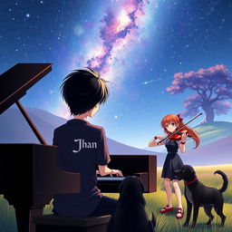 An anime boy with sleek black hair, wearing a shirt that prominently features the name 'Jhan', is focused on playing a grand piano in a tranquil valley under the night sky