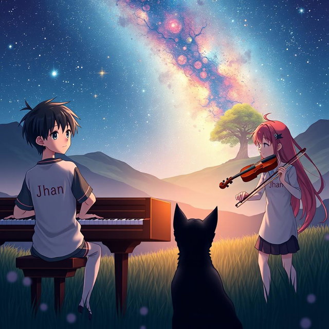 An anime boy with sleek black hair, wearing a shirt that prominently features the name 'Jhan', is focused on playing a grand piano in a tranquil valley under the night sky
