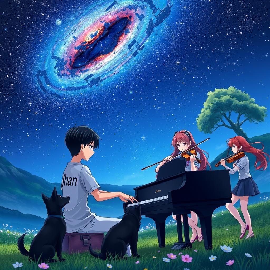 An anime boy with sleek black hair, wearing a shirt that prominently features the name 'Jhan', is focused on playing a grand piano in a tranquil valley under the night sky