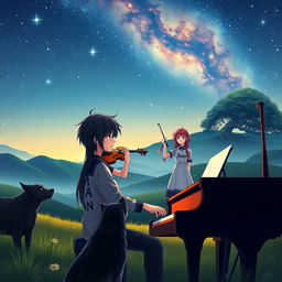 An anime boy with sleek black hair, wearing a shirt that prominently features the name 'Jhan', is focused on playing a grand piano in a tranquil valley under the night sky