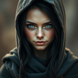A portrait of a half-elf woman with soft, delicate features that convey an enchanting beauty