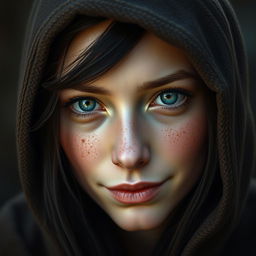 A portrait of a half-elf woman with soft, delicate features that convey an enchanting beauty