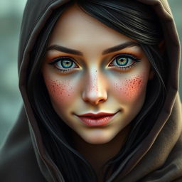 A portrait of a half-elf woman with soft, delicate features that convey an enchanting beauty