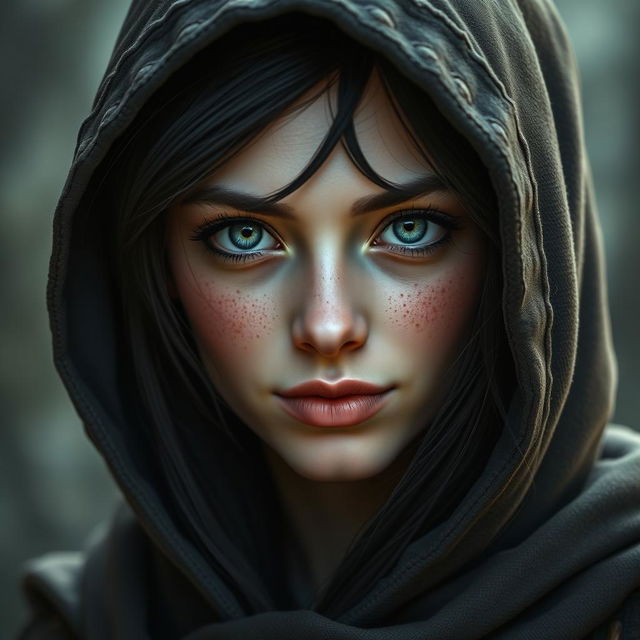 A portrait of a half-elf woman with soft, delicate features that convey an enchanting beauty