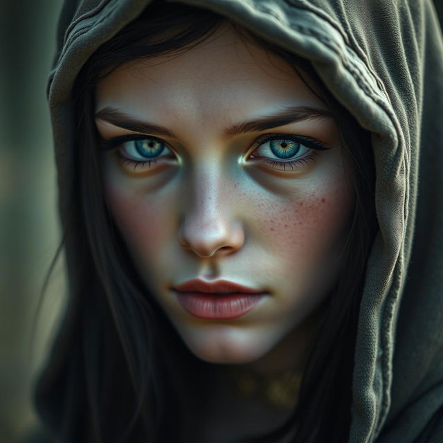 A captivating portrait of a half-elf woman distinguished by her soft features and serene beauty