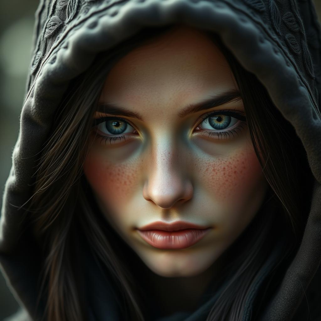 A captivating portrait of a half-elf woman distinguished by her soft features and serene beauty