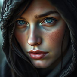A captivating portrait of a half-elf woman distinguished by her soft features and serene beauty