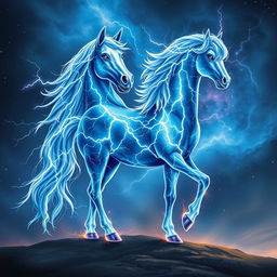 In the vibrant and imaginative style of Dungeons and Dragons character art, a stunning horse made entirely of lightning and stars stands proudly