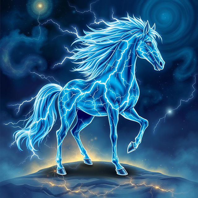 In the vibrant and imaginative style of Dungeons and Dragons character art, a stunning horse made entirely of lightning and stars stands proudly