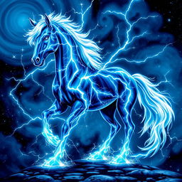 In the vibrant and imaginative style of Dungeons and Dragons character art, a stunning horse made entirely of lightning and stars stands proudly