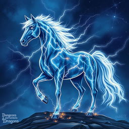 In the vibrant and imaginative style of Dungeons and Dragons character art, a stunning horse made entirely of lightning and stars stands proudly