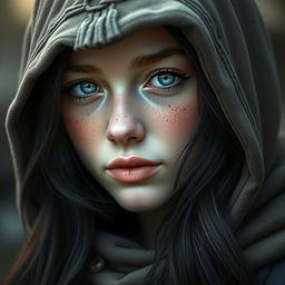 A portrait of a half-elf woman featuring soft, gentle features that exude a calming beauty