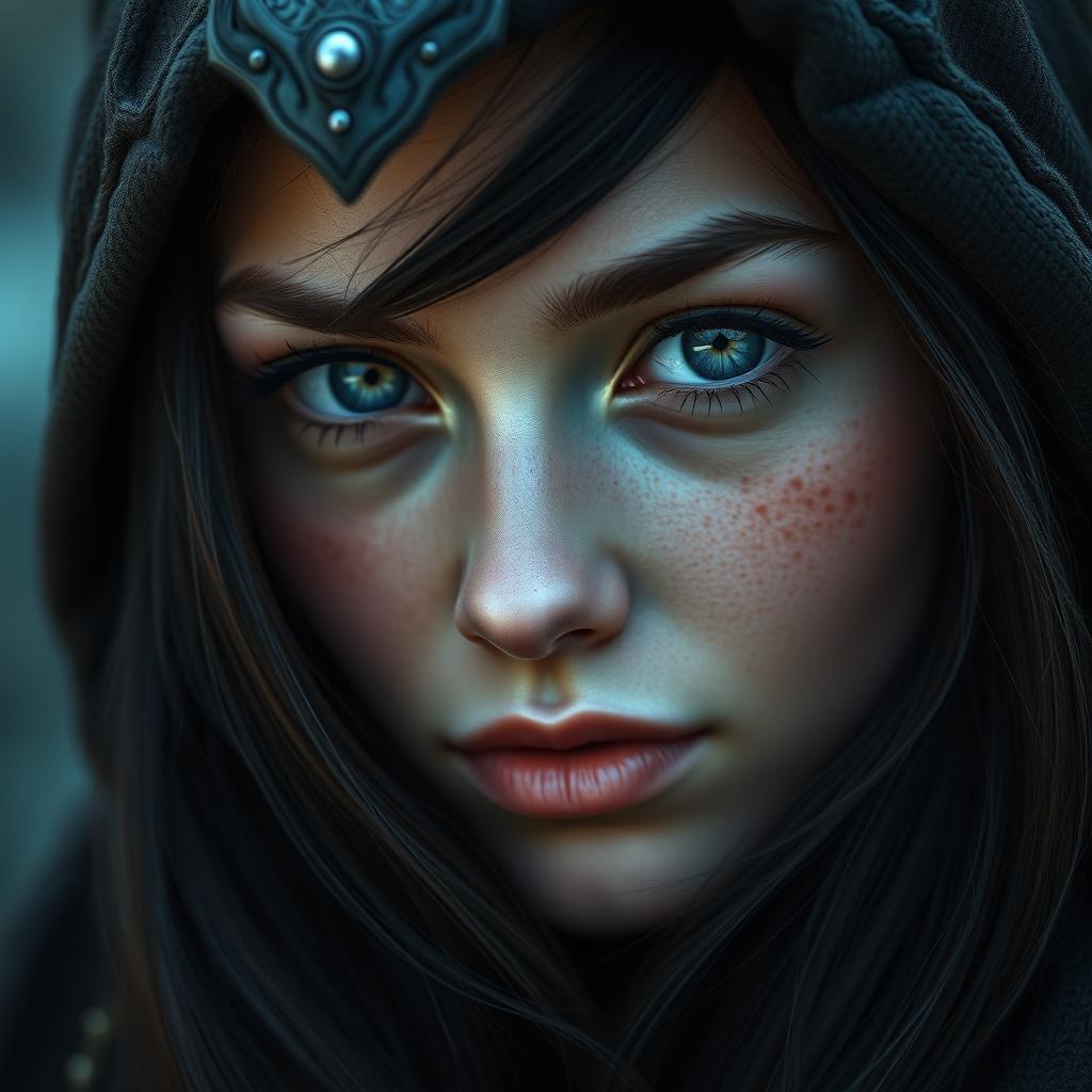 A portrait of a half-elf woman featuring soft, gentle features that exude a calming beauty