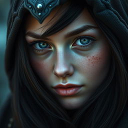 A portrait of a half-elf woman featuring soft, gentle features that exude a calming beauty