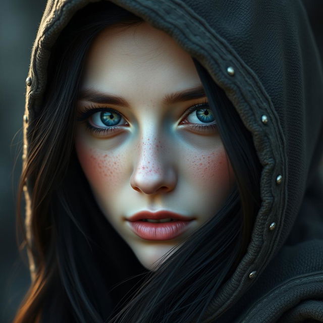 A portrait of a half-elf woman featuring soft, gentle features that exude a calming beauty