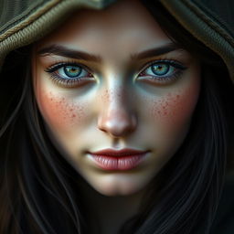 A portrait of a half-elf woman featuring soft, gentle features that exude a calming beauty