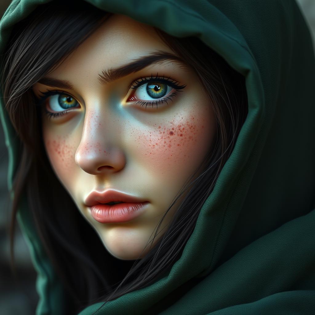 A striking portrait of a half-elf woman characterized by her soft, delicate features