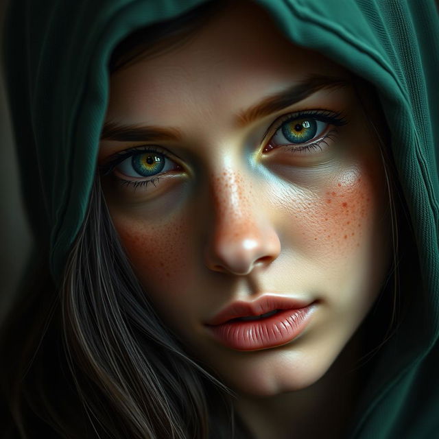 A striking portrait of a half-elf woman characterized by her soft, delicate features