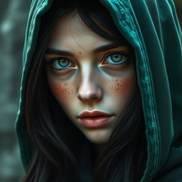 A striking portrait of a half-elf woman characterized by her soft, delicate features