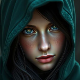 A striking portrait of a half-elf woman characterized by her soft, delicate features