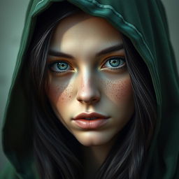 A striking portrait of a half-elf woman characterized by her soft and gentle features