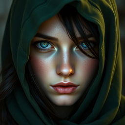 A striking portrait of a half-elf woman characterized by her soft and gentle features