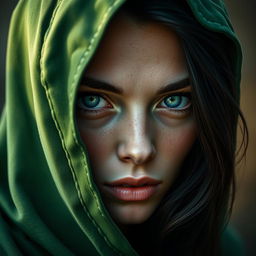 A striking portrait of a half-elf woman characterized by her soft and gentle features