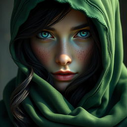A striking portrait of a half-elf woman characterized by her soft and gentle features