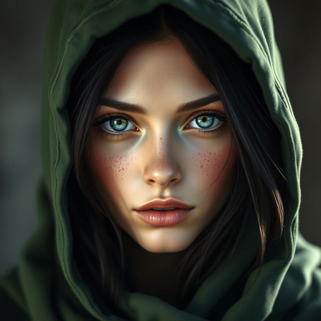 A portrait of a half-elf woman with soft, serene features