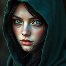 A portrait of a half-elf woman with soft, serene features