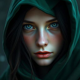 A portrait of a half-elf woman with soft, serene features