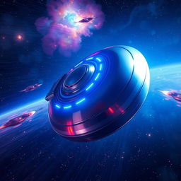 A futuristic scene depicting a sleek, round spaceship gracefully spinning in space against a starry backdrop, with vibrant colors highlighting its metallic surface