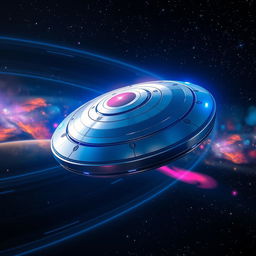 A futuristic scene depicting a sleek, round spaceship gracefully spinning in space against a starry backdrop, with vibrant colors highlighting its metallic surface