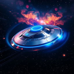 A futuristic scene depicting a sleek, round spaceship gracefully spinning in space against a starry backdrop, with vibrant colors highlighting its metallic surface