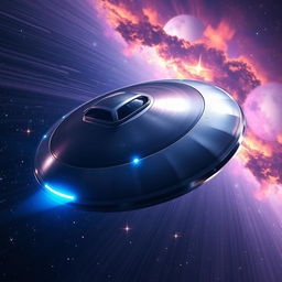 A futuristic scene depicting a sleek, round spaceship gracefully spinning in space against a starry backdrop, with vibrant colors highlighting its metallic surface