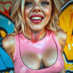 A close-up shot focusing on a gorgeous blonde woman with meta braces on her teeth