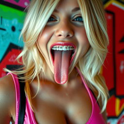 A close-up shot focusing on a gorgeous blonde woman with meta braces on her teeth