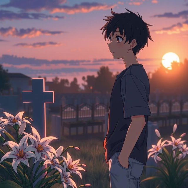 A serene and emotional anime-style scene depicting a grave adorned with beautiful white lilies