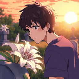 A serene and emotional anime-style scene depicting a grave adorned with beautiful white lilies