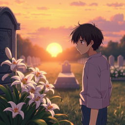 A serene and emotional anime-style scene depicting a grave adorned with beautiful white lilies