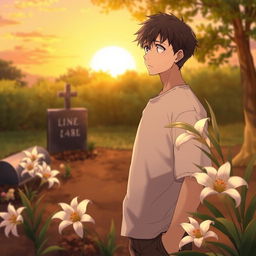 A serene and emotional anime-style scene depicting a grave adorned with beautiful white lilies