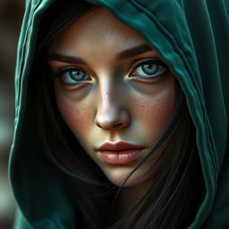 A stunning portrait of a half-elf woman featuring soft, graceful features that exude a calm elegance