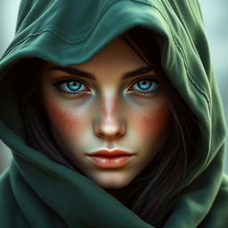 A stunning portrait of a half-elf woman featuring soft, graceful features that exude a calm elegance