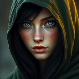 A stunning portrait of a half-elf woman featuring soft, graceful features that exude a calm elegance