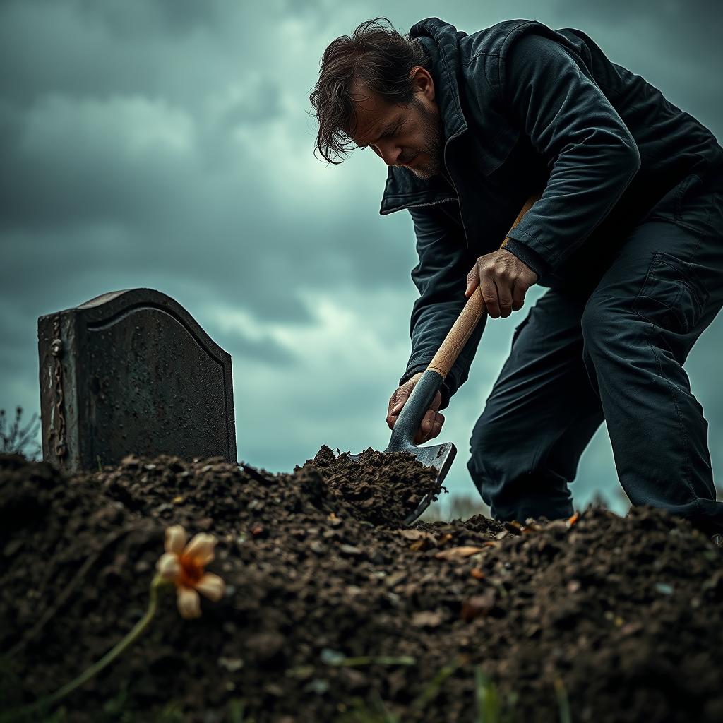 A dramatic scene depicting a man shoveling dirt into a grave