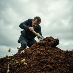 A dramatic scene depicting a man shoveling dirt into a grave