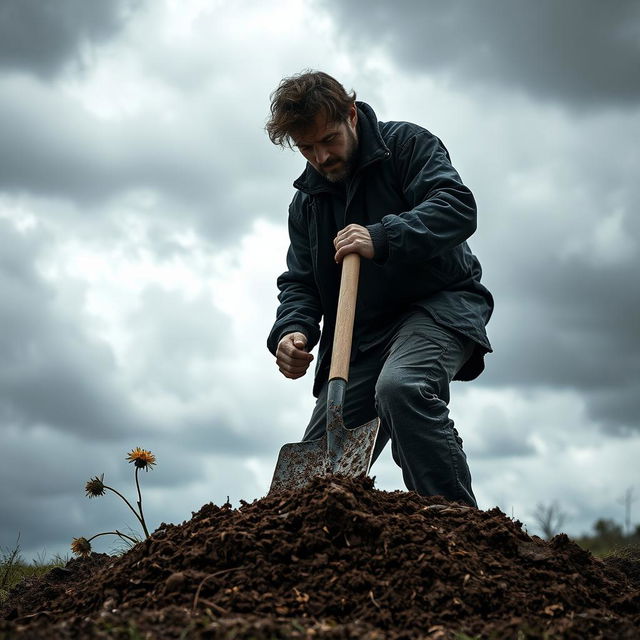 A dramatic scene depicting a man shoveling dirt into a grave